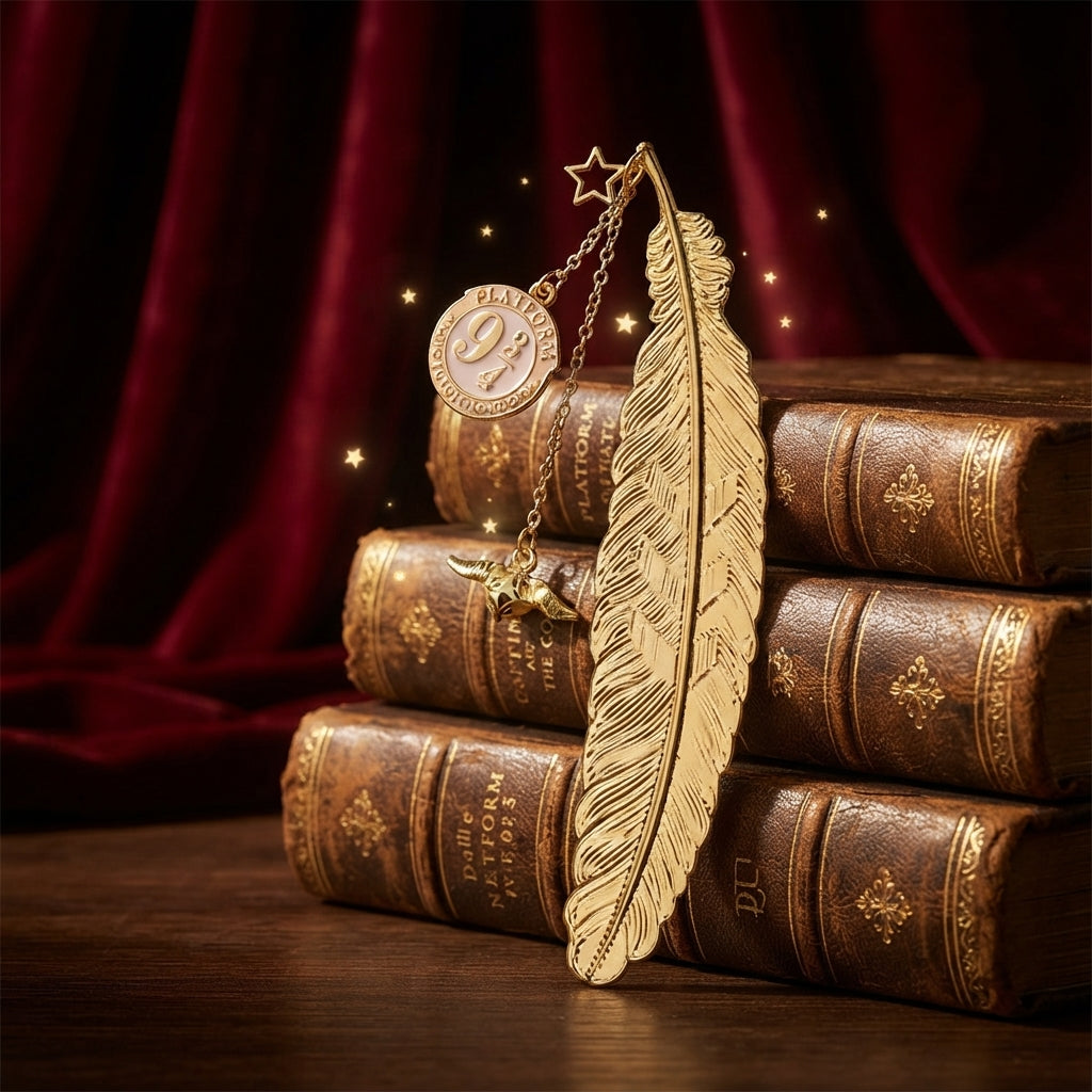 Golden Feather Bookmark with Charms